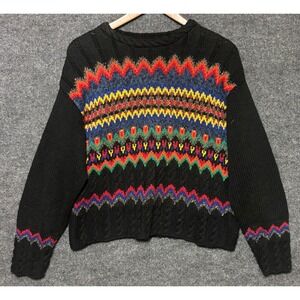 Lizwear Black Geometric Zigzag Fair Isle Knit Sweater Women's Size S